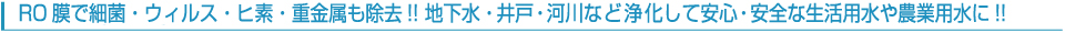 RO 膜で細菌・ウィルス・ヒ素・重金属も除去!! 地下水・井戸・河川など浄化して安心・安全な飲料水や農業用水に!!